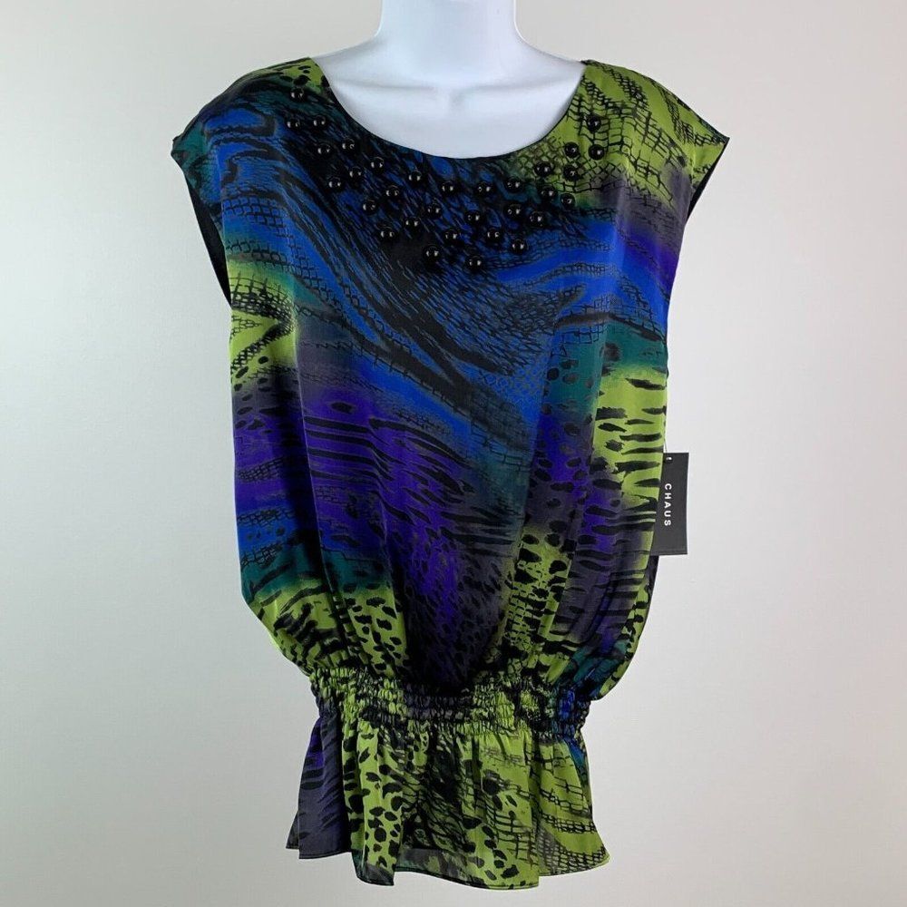 Chaus sz 12 Large Top Colorful Sleeveless Shirred Waist New NWT